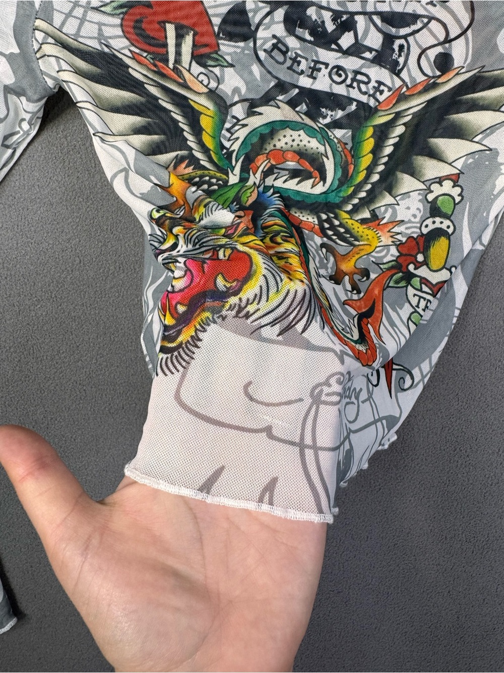 Ed Hardy Y2K Style Tattoo Mesh Long Sleeve Crop Top, Sheer Before Death Design S - Picture 11 of 16